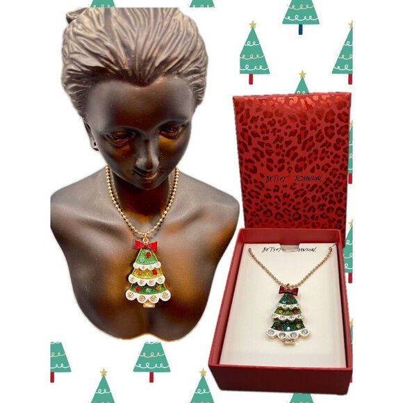 Betsey Johnson Glitter & Crystal Xmas Tree Moveable Parts Beaded Chain Necklace - Picture 1 of 4
